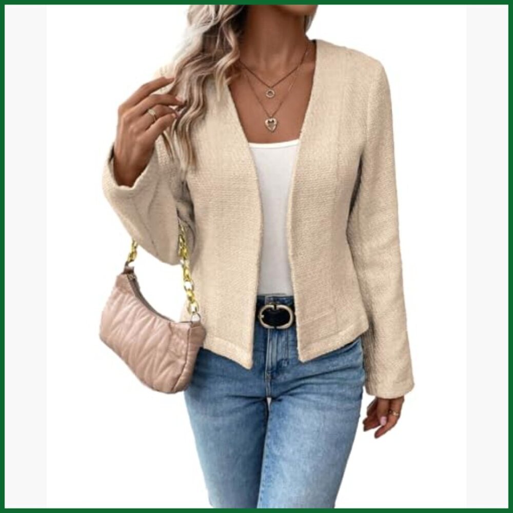 Tweed Blazer Jacket Collarless Open Front Slim Fit Business Casual - Picture 3 of 7